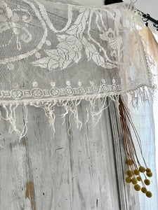 Vintage French floral MANTELPIECE COVER curtain cotton FILET LACE FRINGES c1930