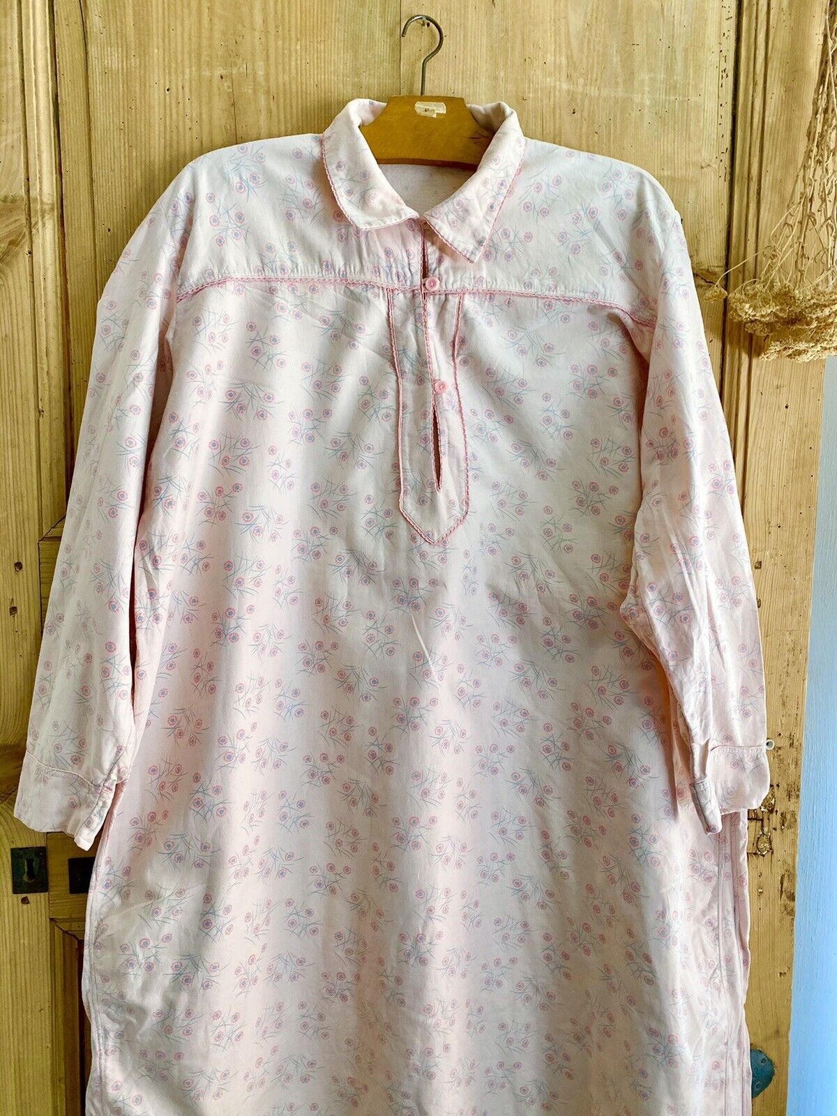 Vintage LONG NIGHTSHIRT faded pink floral FLANNEL COTTON c1930