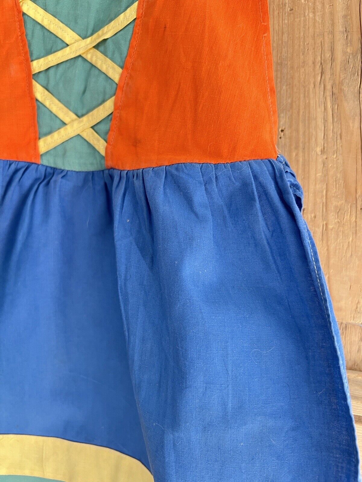 Vintage French CHILD cotton APRON HARLEQUIN costume primary COLOURS c1950