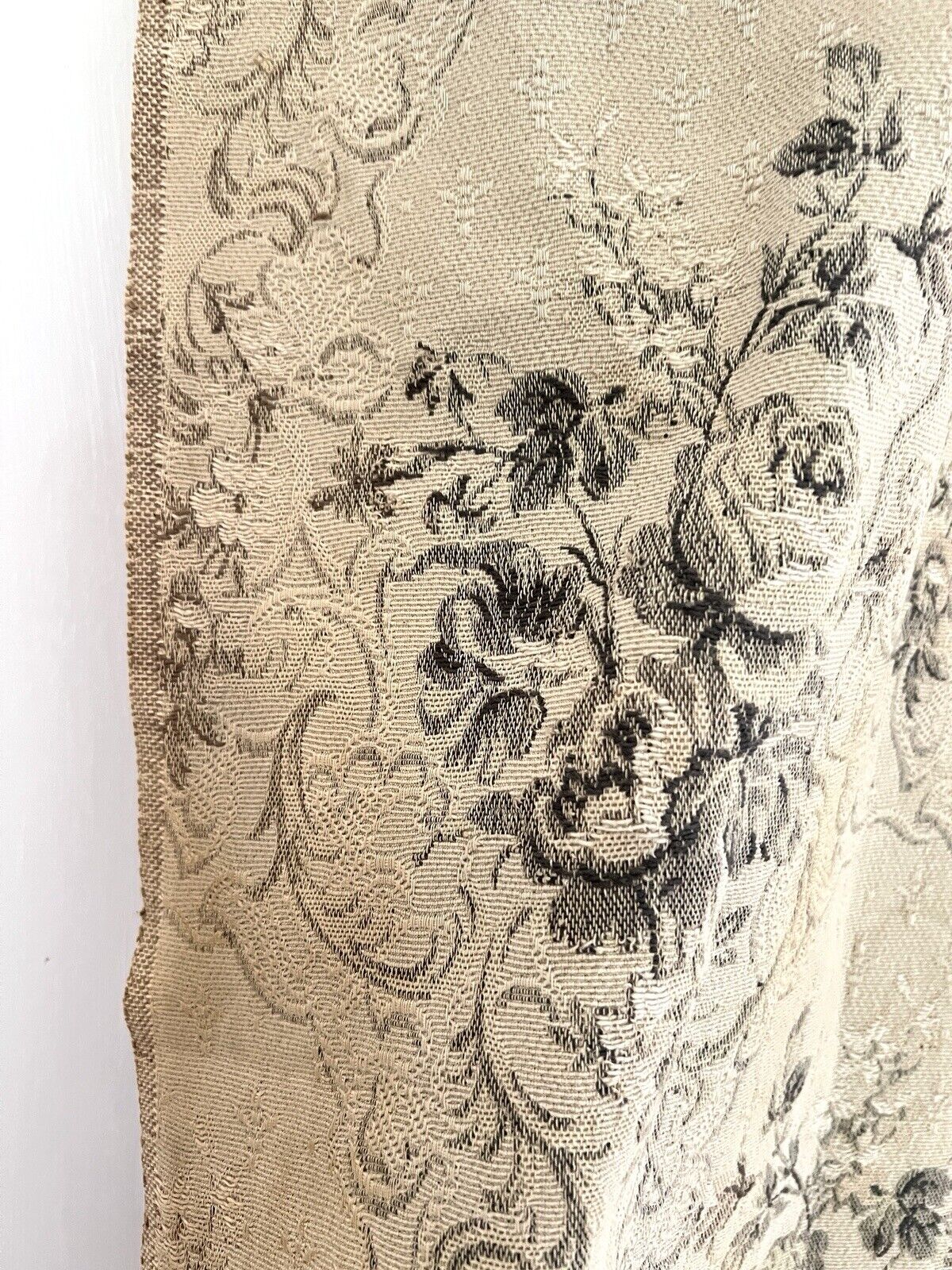 Antique French long DAMASK cotton FLORAL GREY beige CURTAIN drape c1910