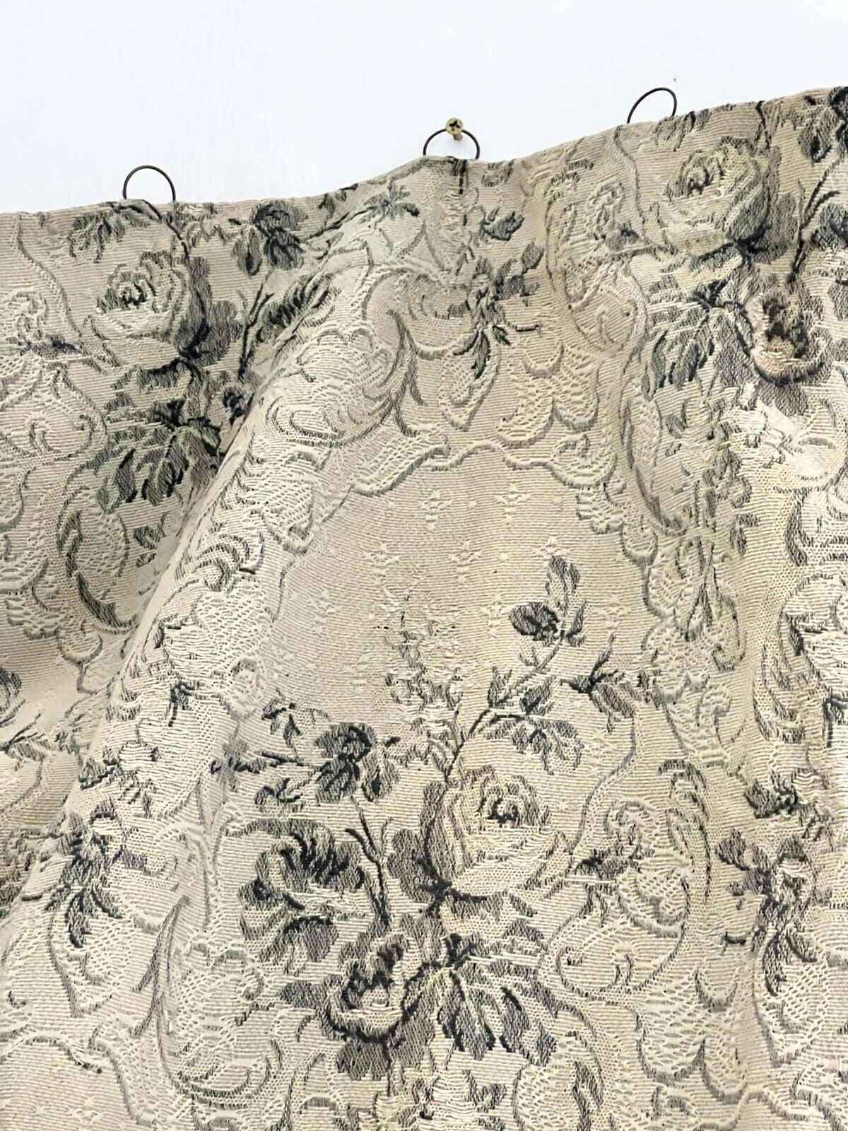 Antique French long DAMASK cotton FLORAL GREY beige CURTAIN drape c1910