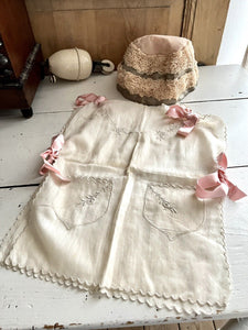 Victorian French UNUSED child SET coton apron and silk cap c1880