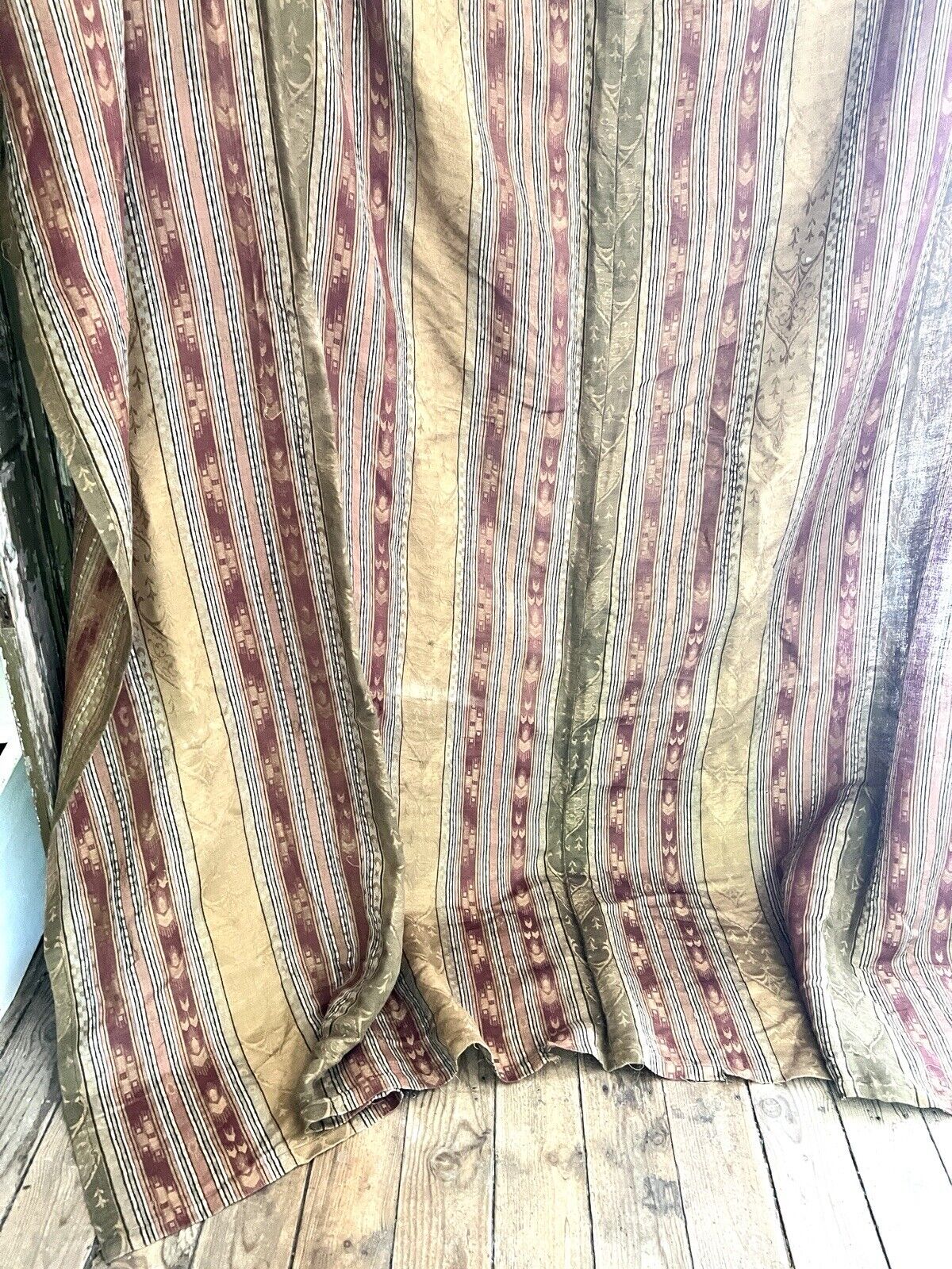 LARGE antique French DAMASK SILK Empire style striped FLEUR DE LYS curtain c1920