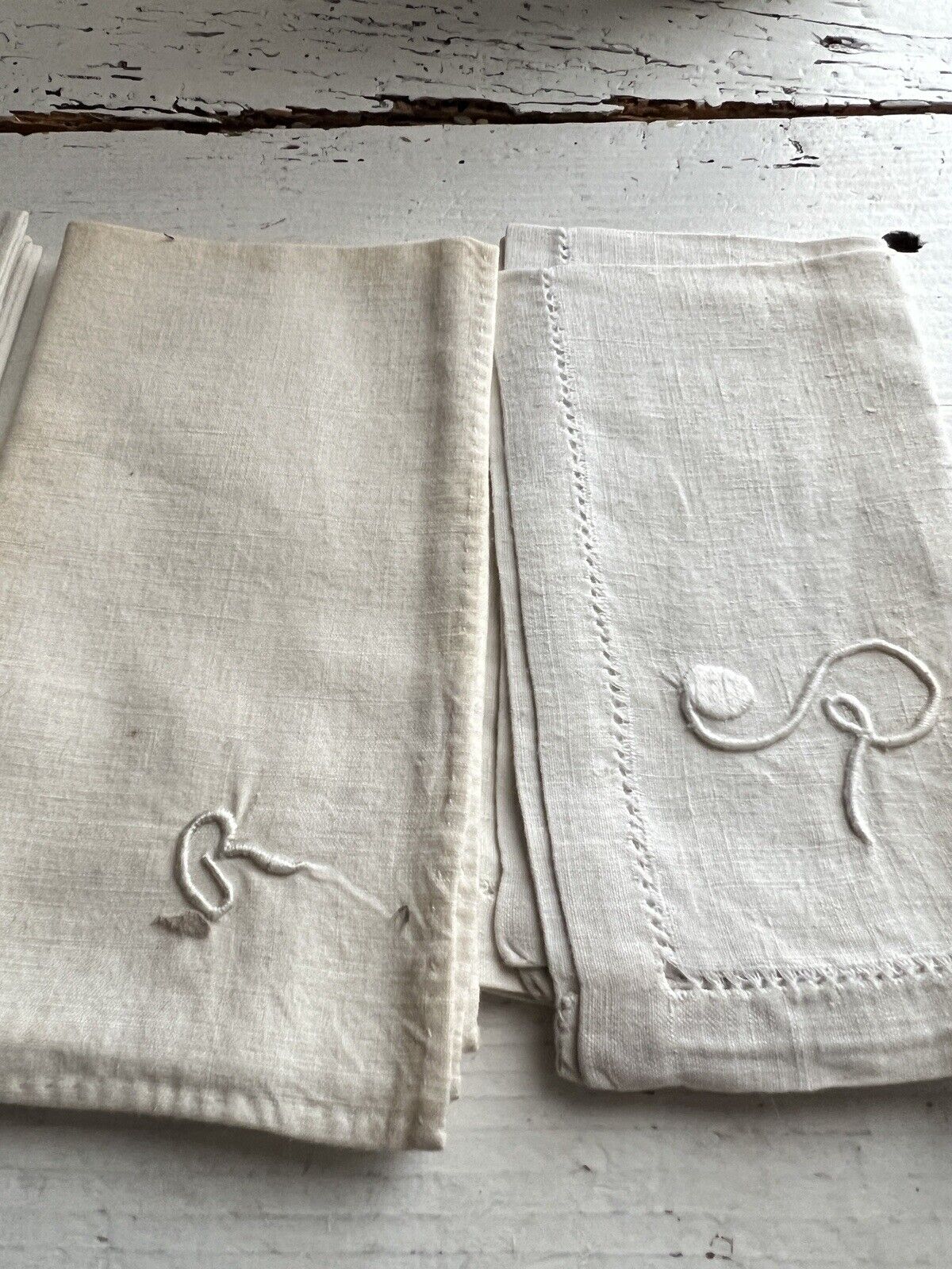 Set of 7 antique French LINEN COTTON blend HANDKERCHIEF R mono c1900