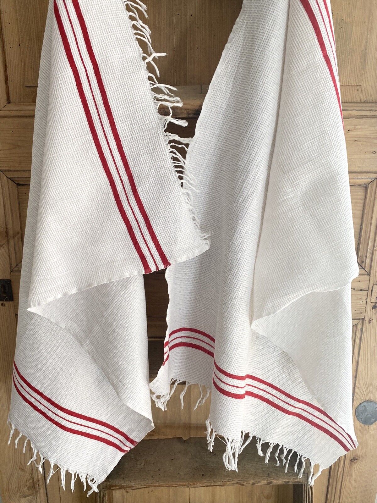 Pair antique French GUEST TOWEL cotton nid d’abeille FRINGES red LITEAU c1900