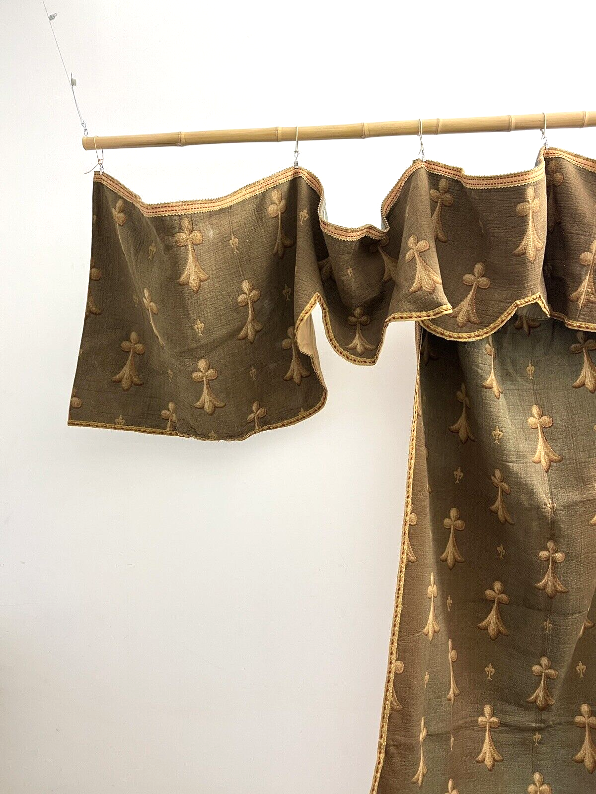 SET antique French HEAVY DAMASK cotton FLEUR DE LYS green CURTAIN VALANCE c1870