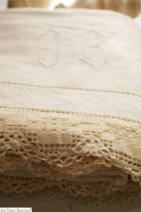 Antique French METIS bed sheet FILET LACE HEM GRm OPENWORK c1920