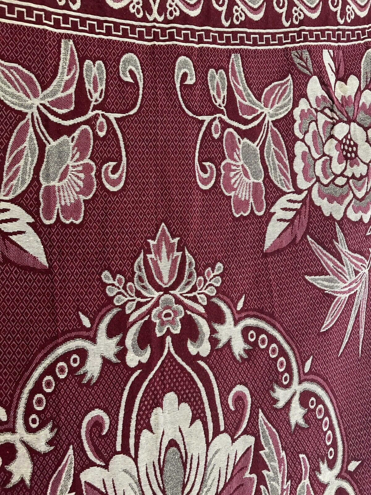 Vintage French FLORAL BURGUNDY BOTEH DAMASK wool BEDSPREAD fringes c1930