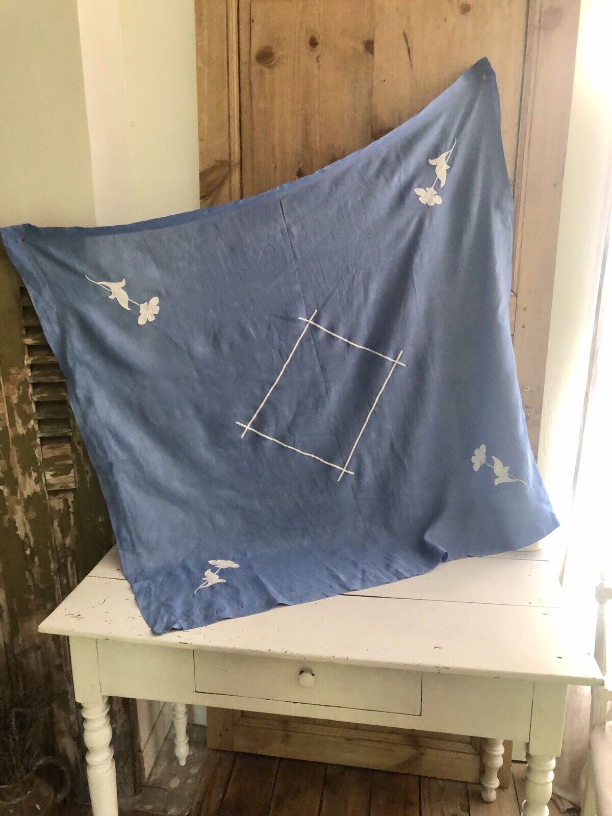 Vintage French china blue LINEN coffee TABLECLOTH ladder work application c1950