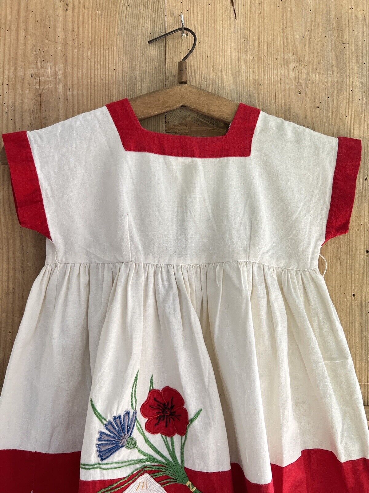 Vintage French COTTON child DRESS FLORAL embroidered TWO TONES c1950