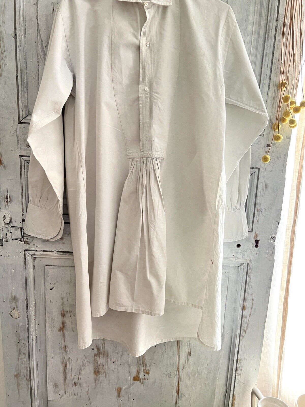 Antique French LONG man front bib pleated WORK WEAR COTTON pintucks SHIRT  c1900