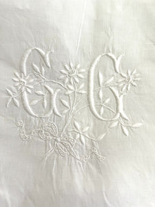 Antique French EMBROIDERED linen  FIL PILLOW SHAM lace TRIM CC mono c1900