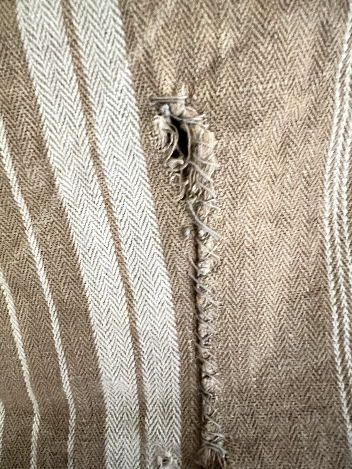 Antique WIDE French TICKING LINEN copper tones UPHOLSTERY c1900