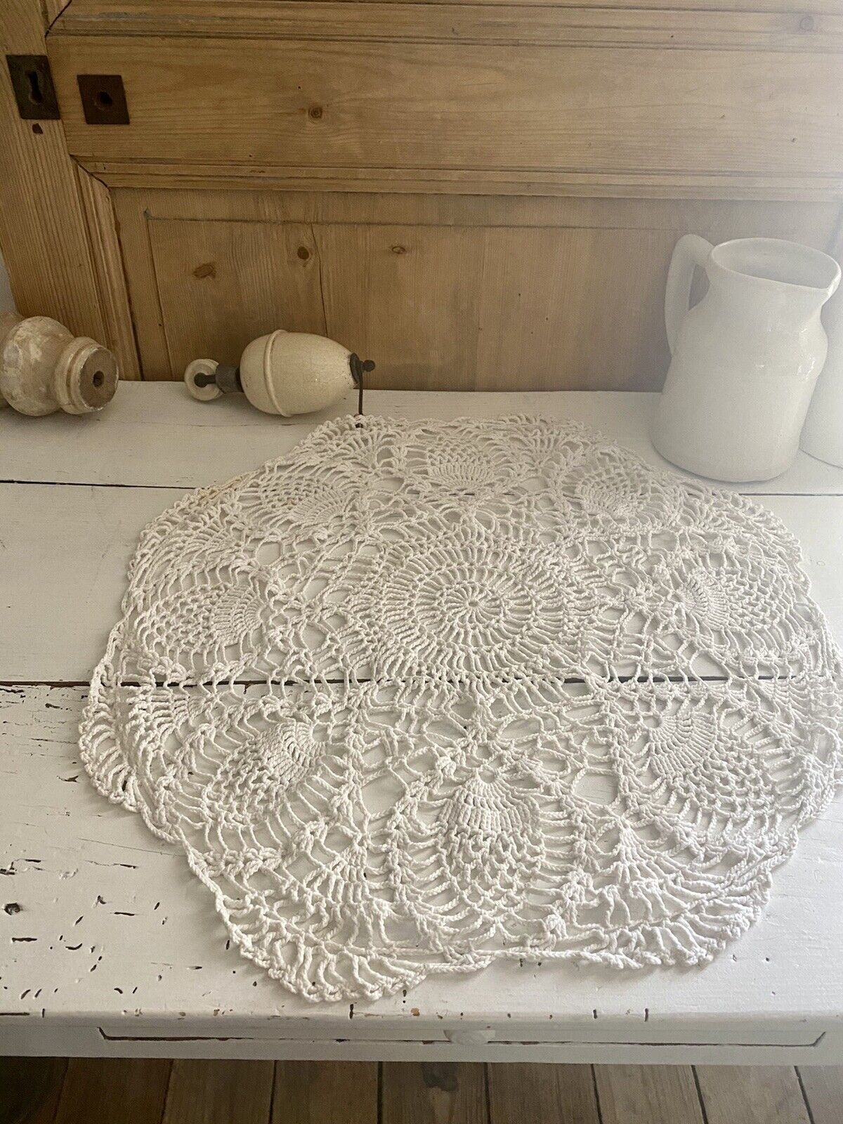 SET 3 round French HEAVY cotton FILET LACE DOILIES mat c1950