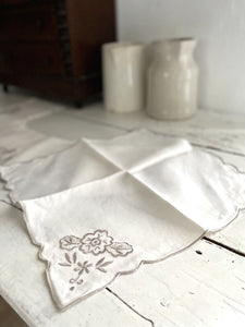 SET 6 vintage French LINEN TEA NAPKINS  gray FLORAL embroideries c1950