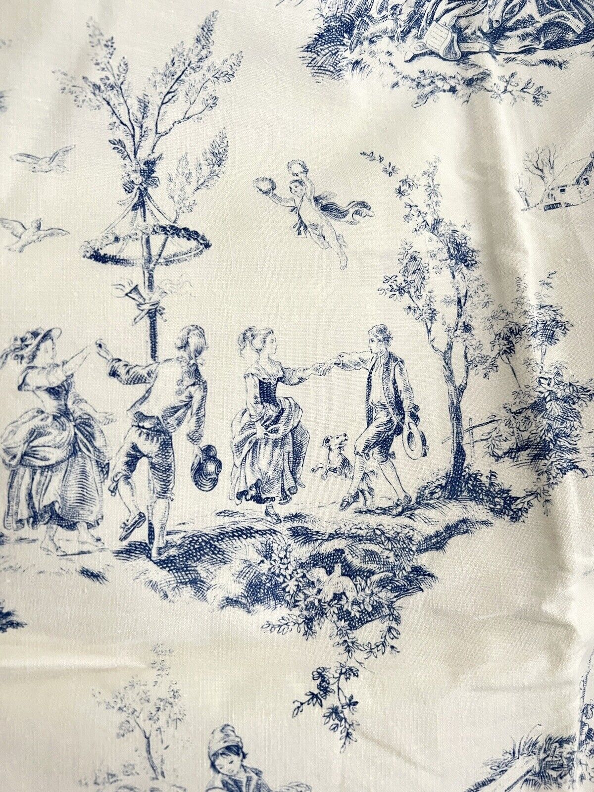 PAIR vintage French blue TOILE DE JOUY cotton PASTORAL CURTAINS BACKED c1950