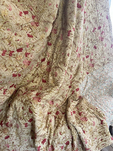 XL antique French floral QUILT PATCHED piqué de PROVENCE PINK CARNATIONS c1880