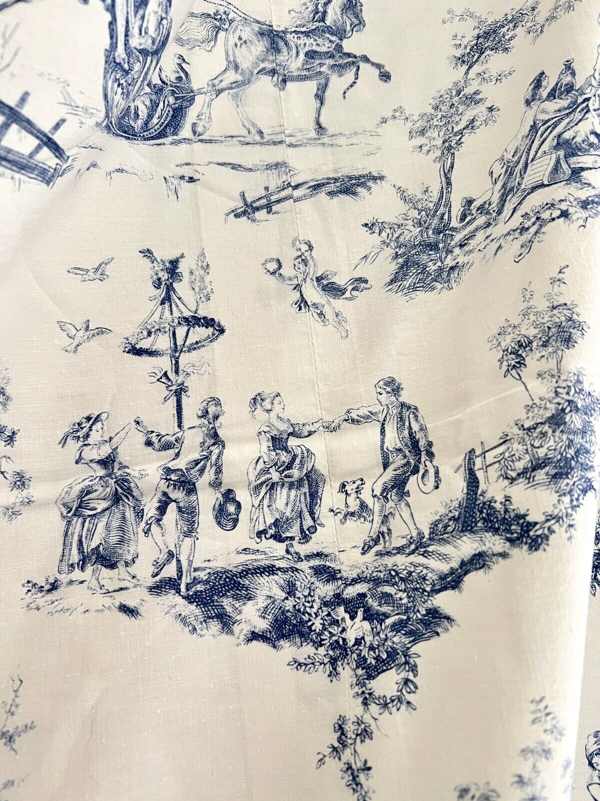 PAIR vintage French blue TOILE DE JOUY cotton PASTORAL CURTAINS BACKED c1950