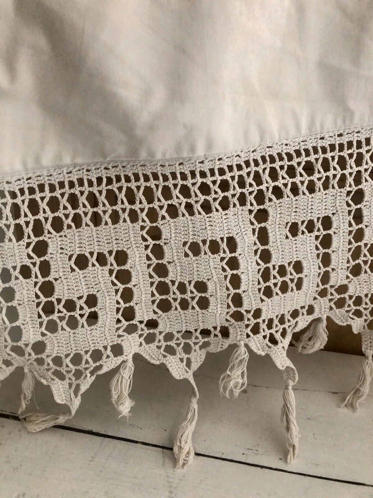 Antique French FILET LACE panel SHELF COVER curtain coton c1900