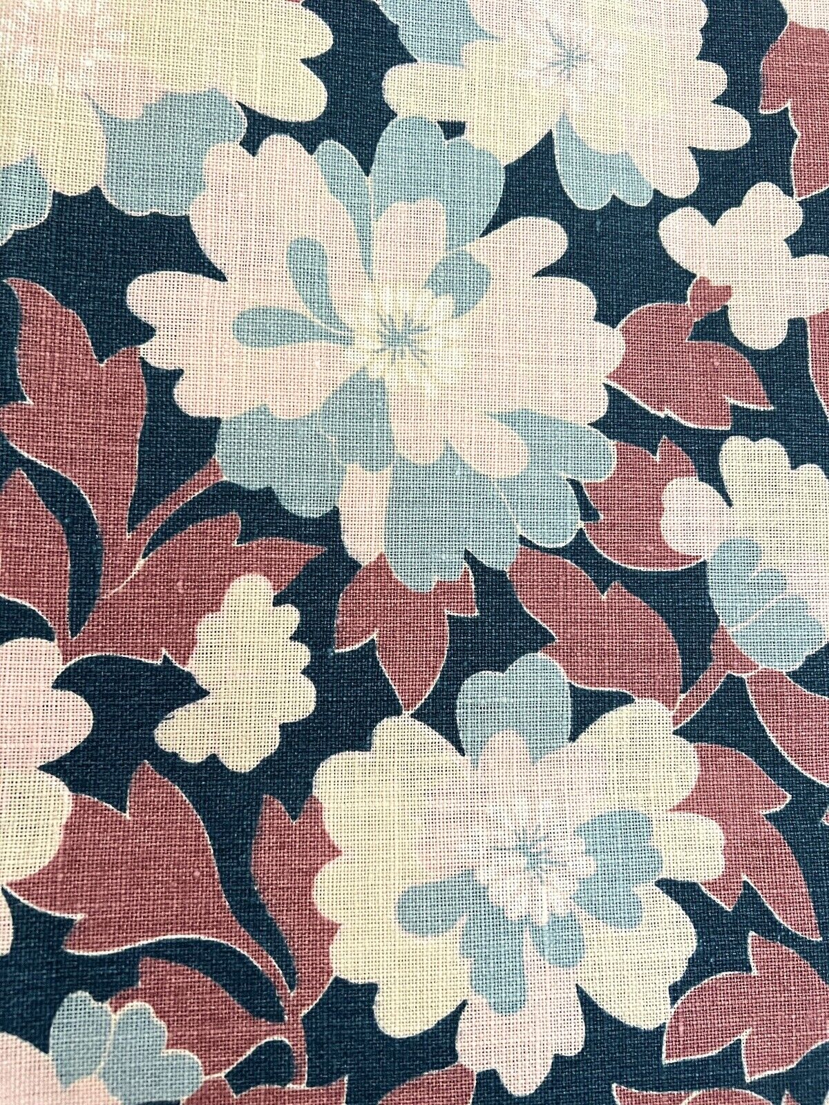 Vintage LONG French HEAVY floral LINEN fabric panel UPHOLSTERY c1950