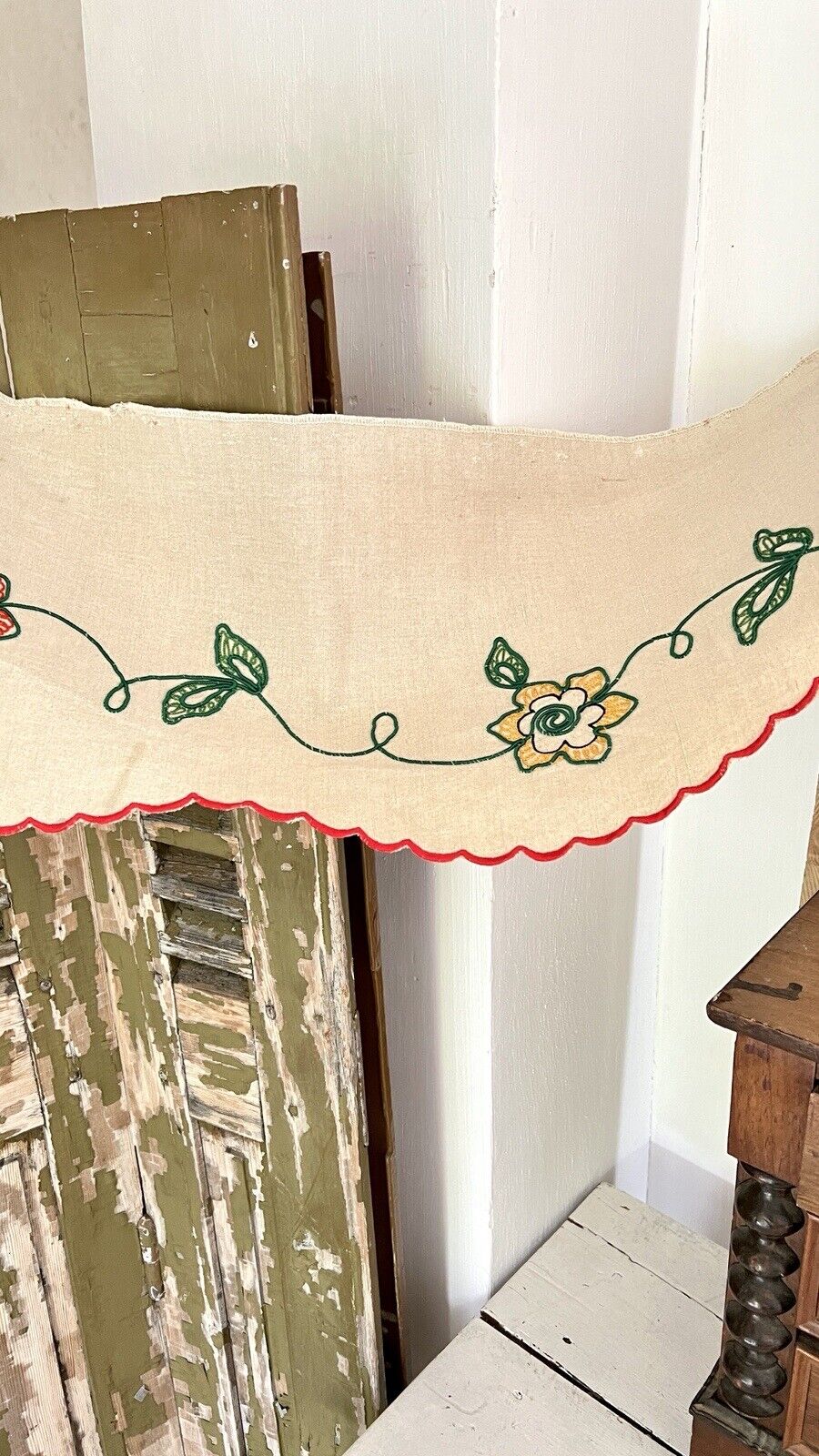 Vintage French country MANTELPIECE COVER embroidered NATURAL LINEN c1930