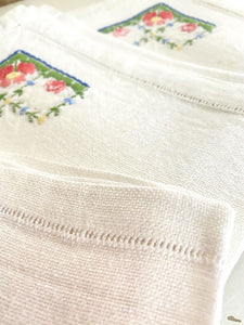 6 Vintage French HEAVY LINEN embroidered NAPKINS openworks c1950