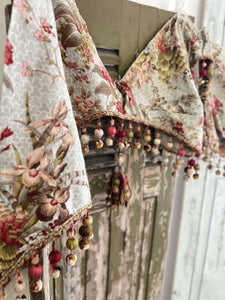 Antique French FLORAL cotton VALANCE mantel CHINOISERIE pompoms c1900