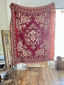 Vintage French FLORAL BURGUNDY BOTEH DAMASK wool BEDSPREAD fringes c1930