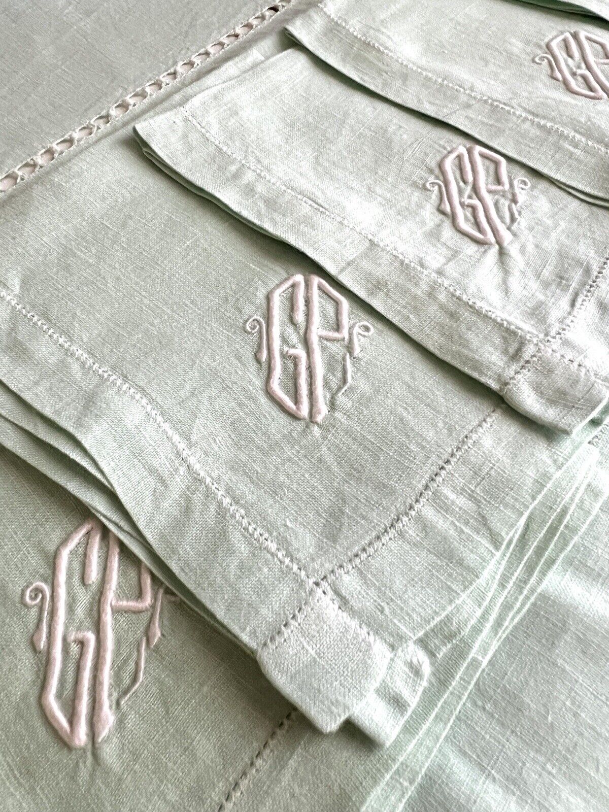 Art Deco SET French FIL OF LINEN TABLECLOTH 11 NAPKINS pale green GP m c1930