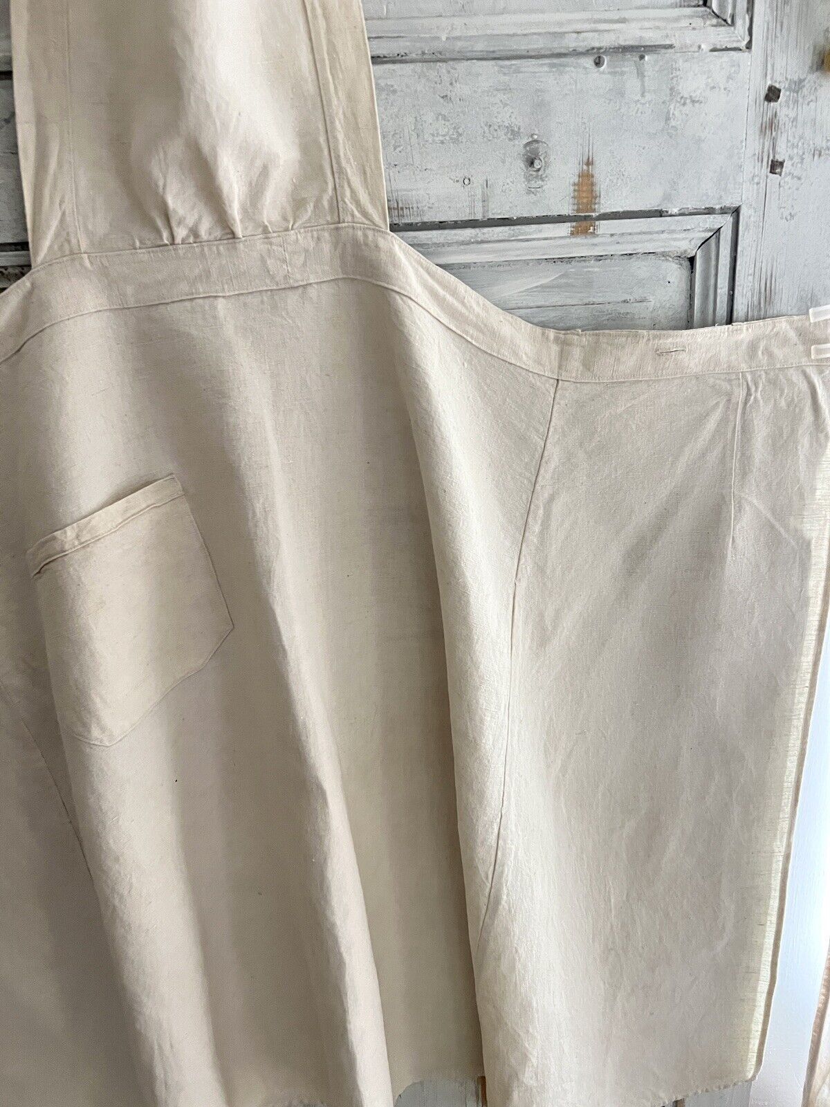 Antique French EMBROIDERED heavy linen cotton NATURAL WORK WEAR APRON c1920