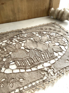 Art Nouveau French NATURAL linen DOILY fruit basket Richelieu EMBROIDERIES c1920