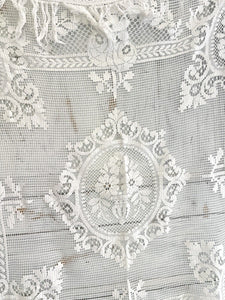 Antique French EMBROIDERED filet lace  tea TABLECLOTH FRINGES c1900