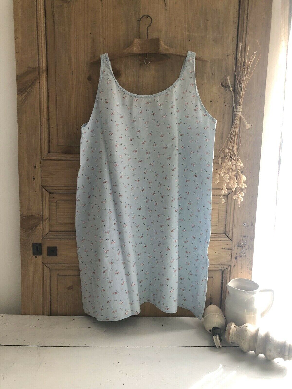 Antique French RUSTIC pale blue COTTON NIGHTSHIRT c1920