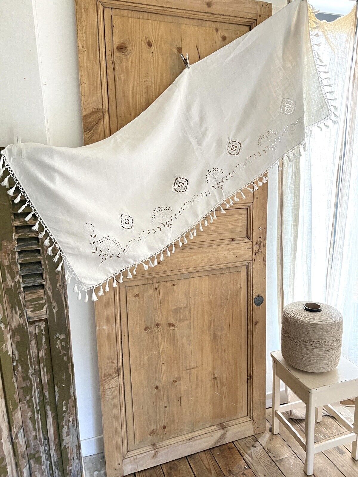 Antique French LONG linen embroidered VALANCE MANTELPIECE eyelet FRINGES c1900