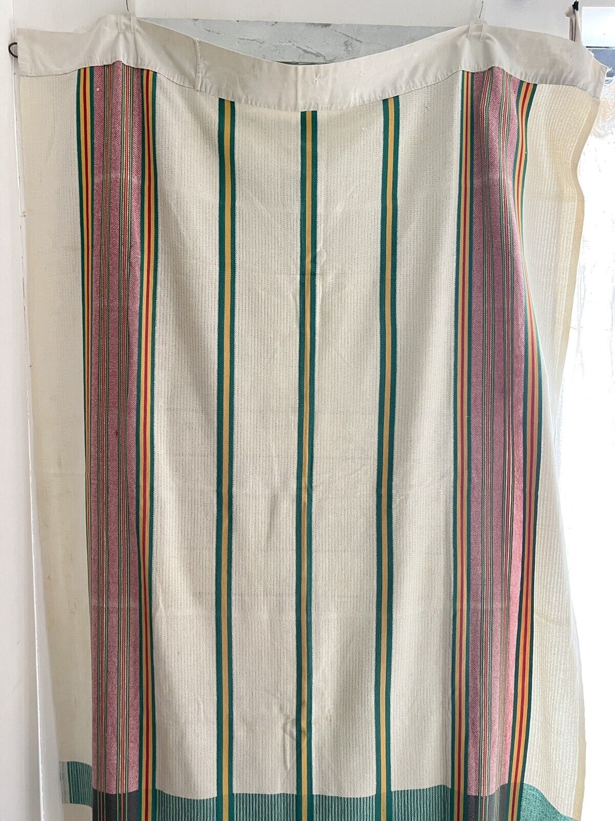 Vintage French Provencal long cotton STRIPED DOOR CURTAIN fringes c1950