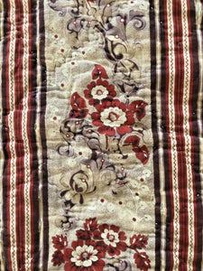 Antique French RED PURPLE FLORAL long VALANCE PELMET wool batting POMPOM c1820