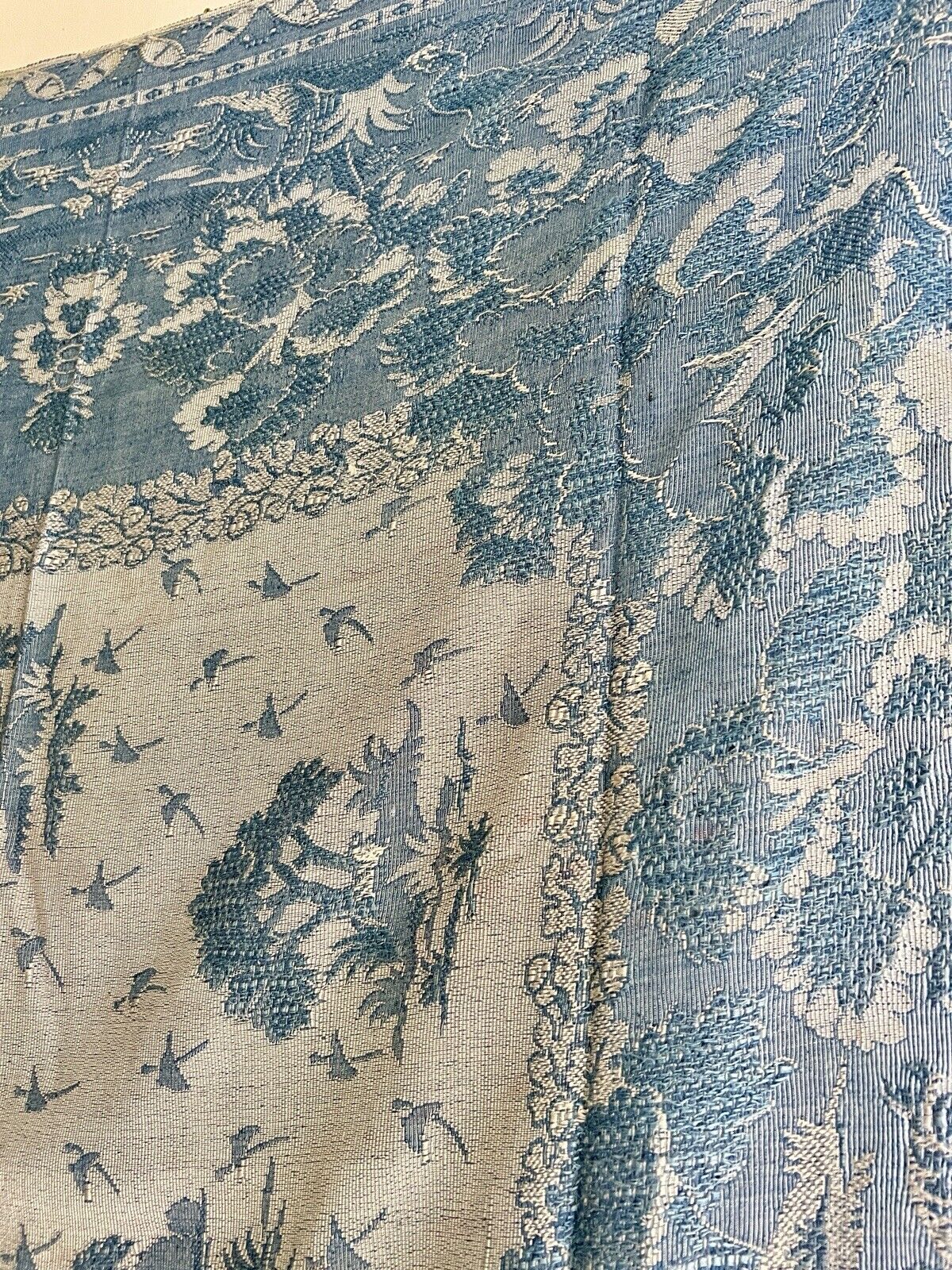 Vintage French BLUE DAMASK cotton BEDSPREAD CHINOISERIE c1930