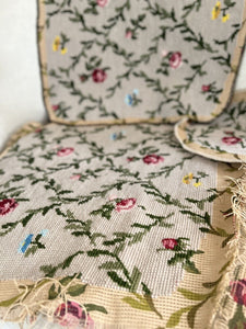 Vintage French PAIR TAPESTRY cotton chair covers floral bouquets c1950