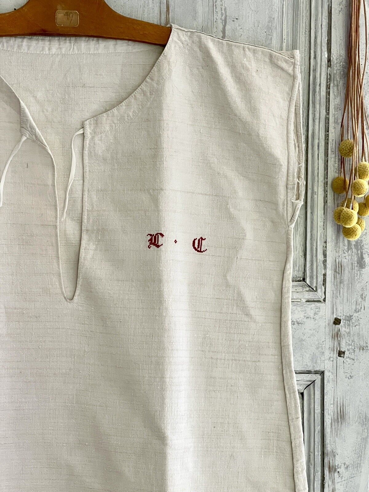 PRIMITIVE French heavy ECRU LINEN nightshirt MD mono CUT c1850