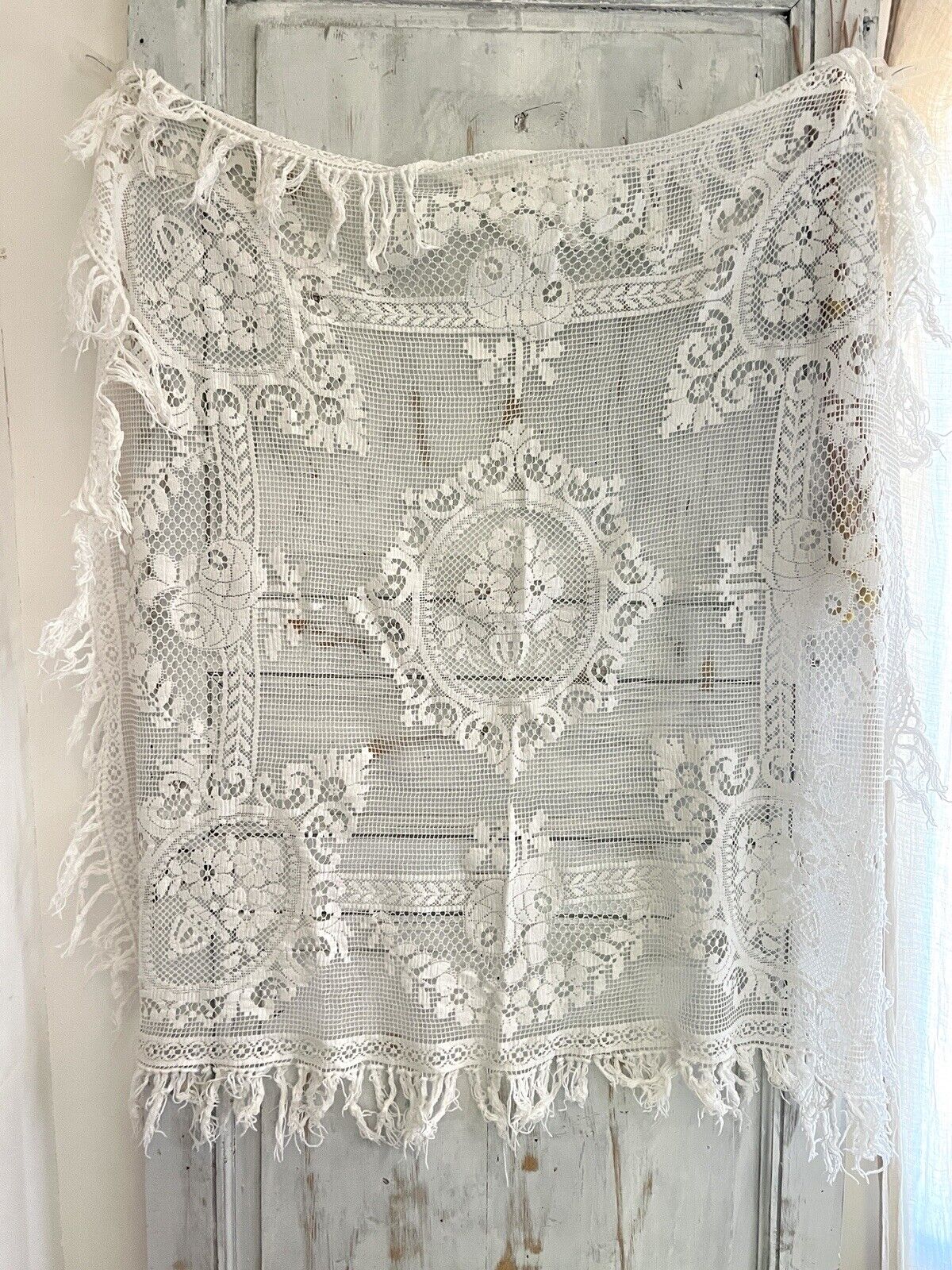 Antique French EMBROIDERED filet lace  tea TABLECLOTH FRINGES c1900