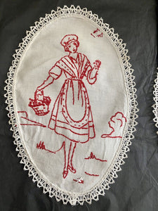 Pair vintage French DOILIES LINEN ALSATIAN napperon RED WORK c1930