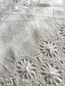 Vintage French EMBROIDERED filet lace LINEN tea TABLECLOTH c1930