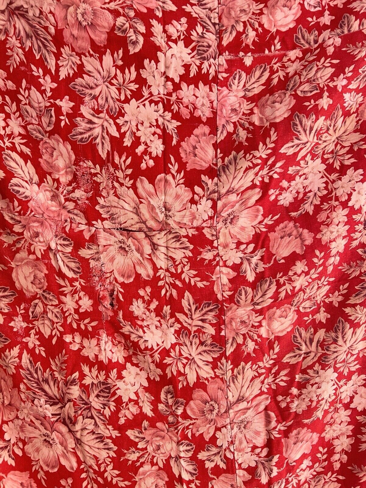 Antique French LARGE red pink FLORAL panel CURTAIN mended c1880