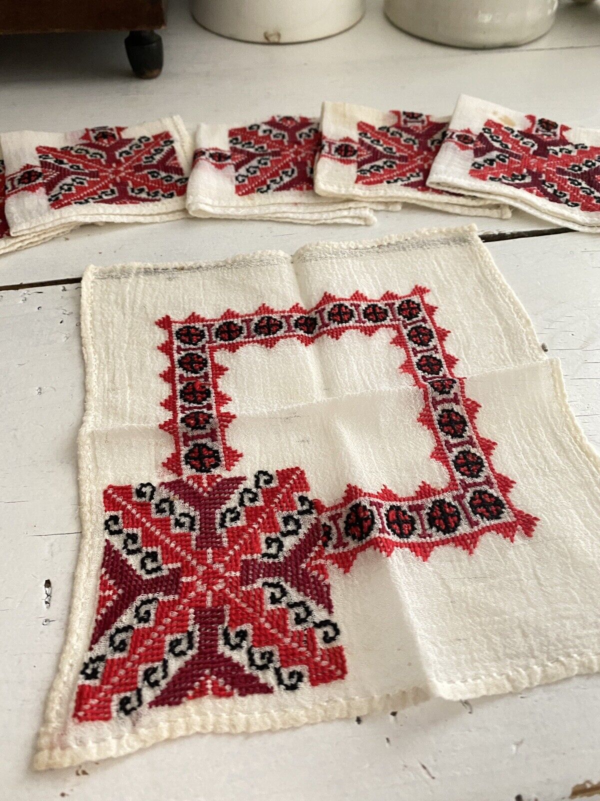 Vintage Hungarian COTTON GAUZE TEA NAPKINS embroidered c1930