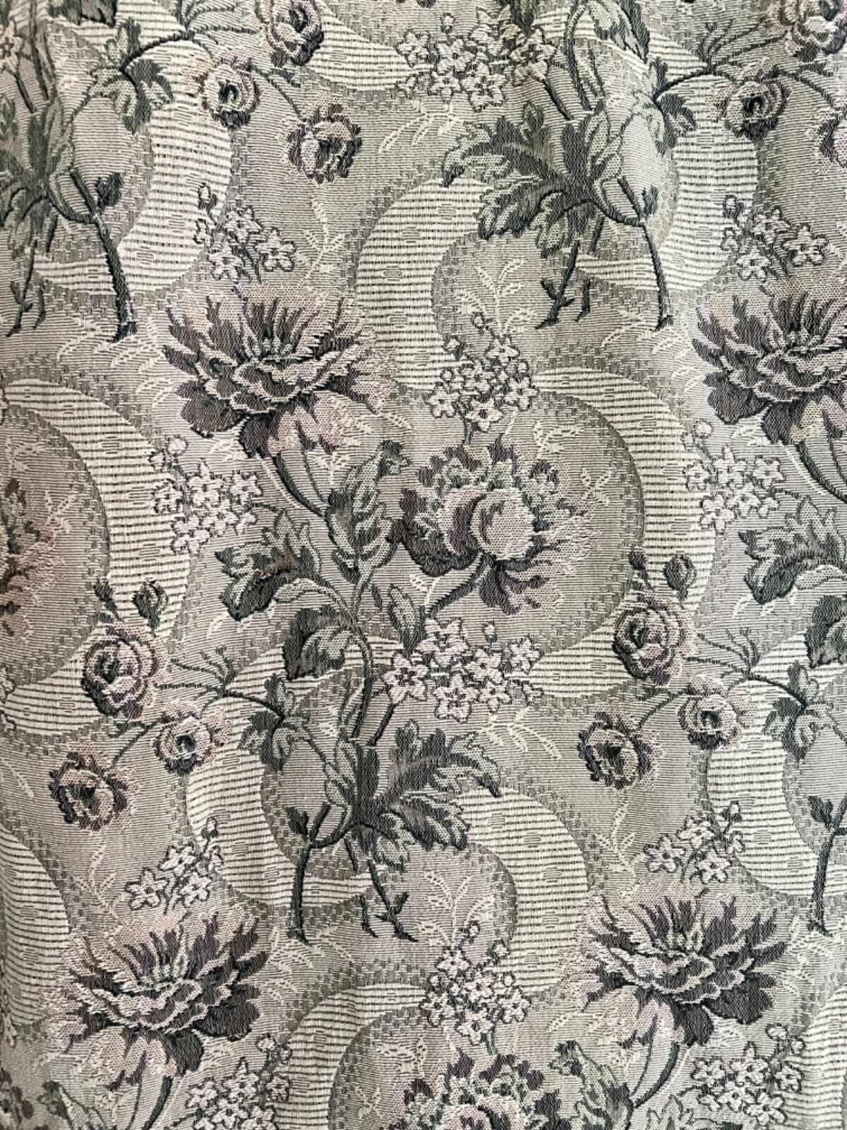 Antique French long woven DAMASK cotton FLORAL GREY green CURTAIN c1910