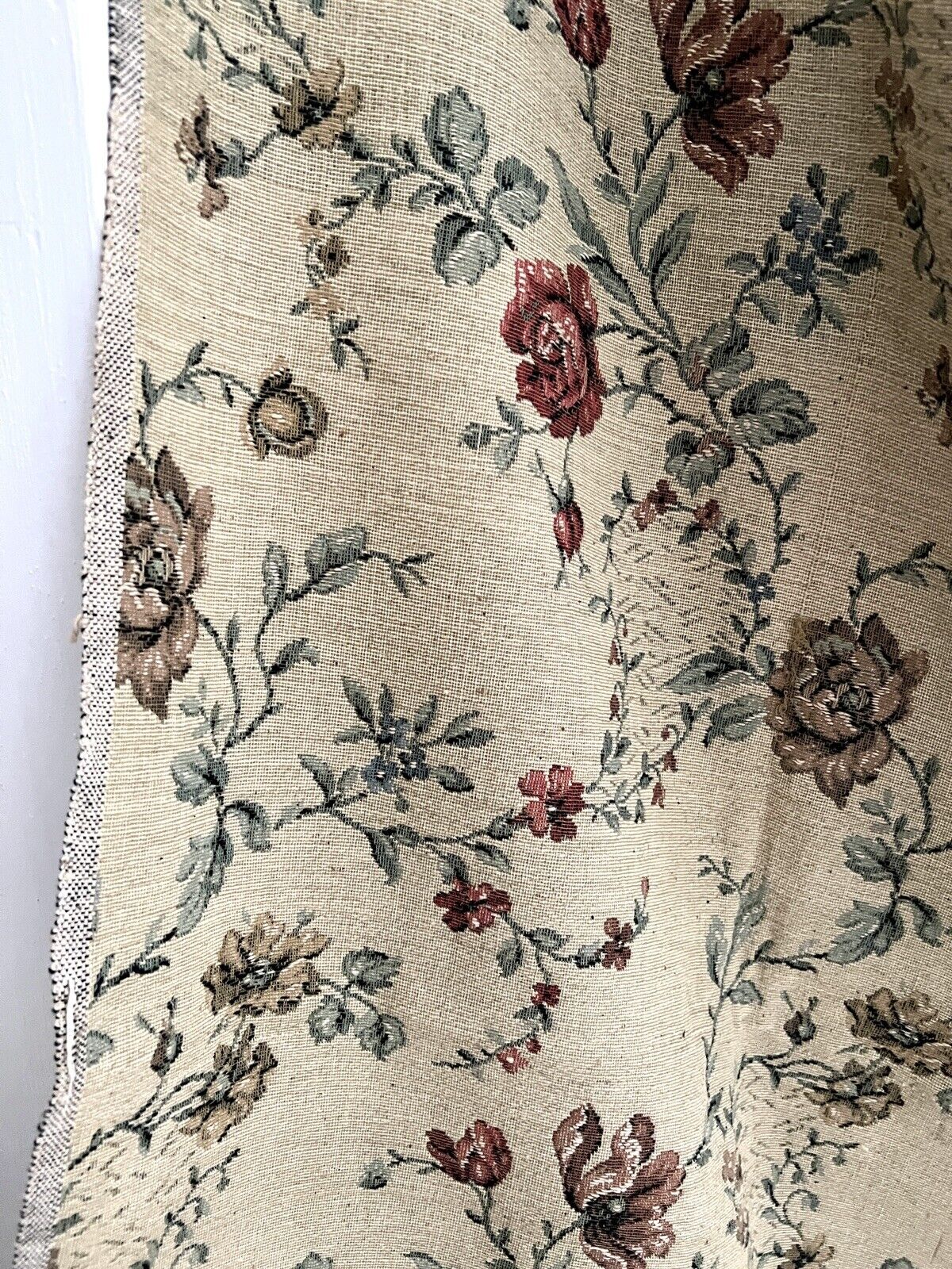 Vintage French HEAVY BOTANIC JACQUARD linen fabric ROSES panel UPHOLSTERY c1940