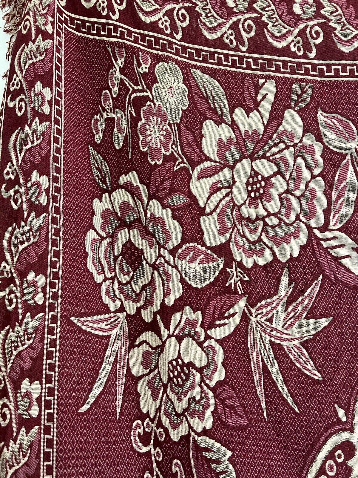 Vintage French FLORAL BURGUNDY BOTEH DAMASK wool BEDSPREAD fringes c1930