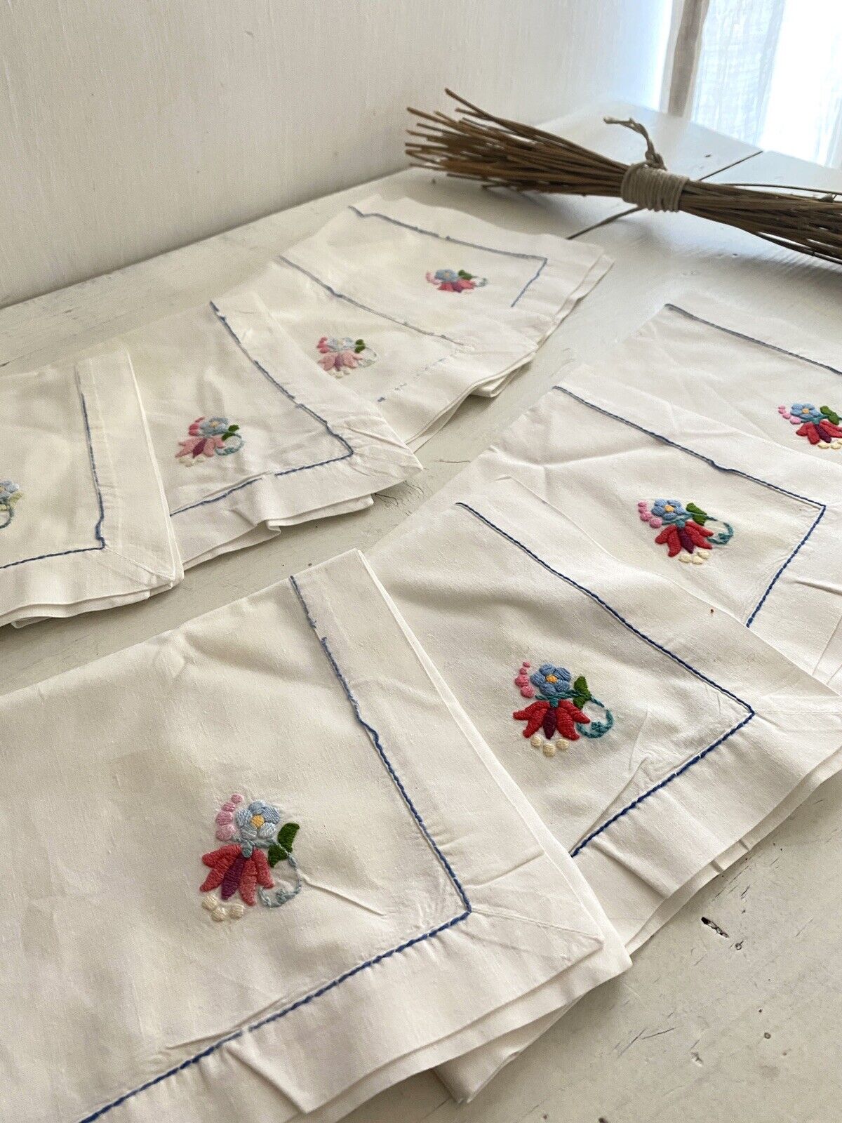 Set 8 vintage French cotton TEA NAPKINS FLORAL embroideries shabby chic c1950