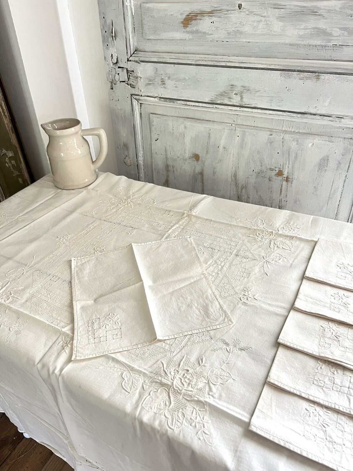 SET vintage cotton TABLECLOTH 6 NAPKINS openworks c1950