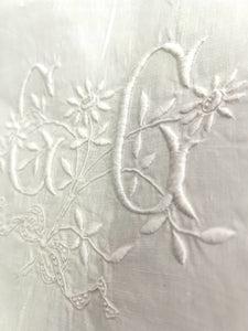 Antique French EMBROIDERED linen  FIL PILLOW SHAM lace TRIM CC mono c1900